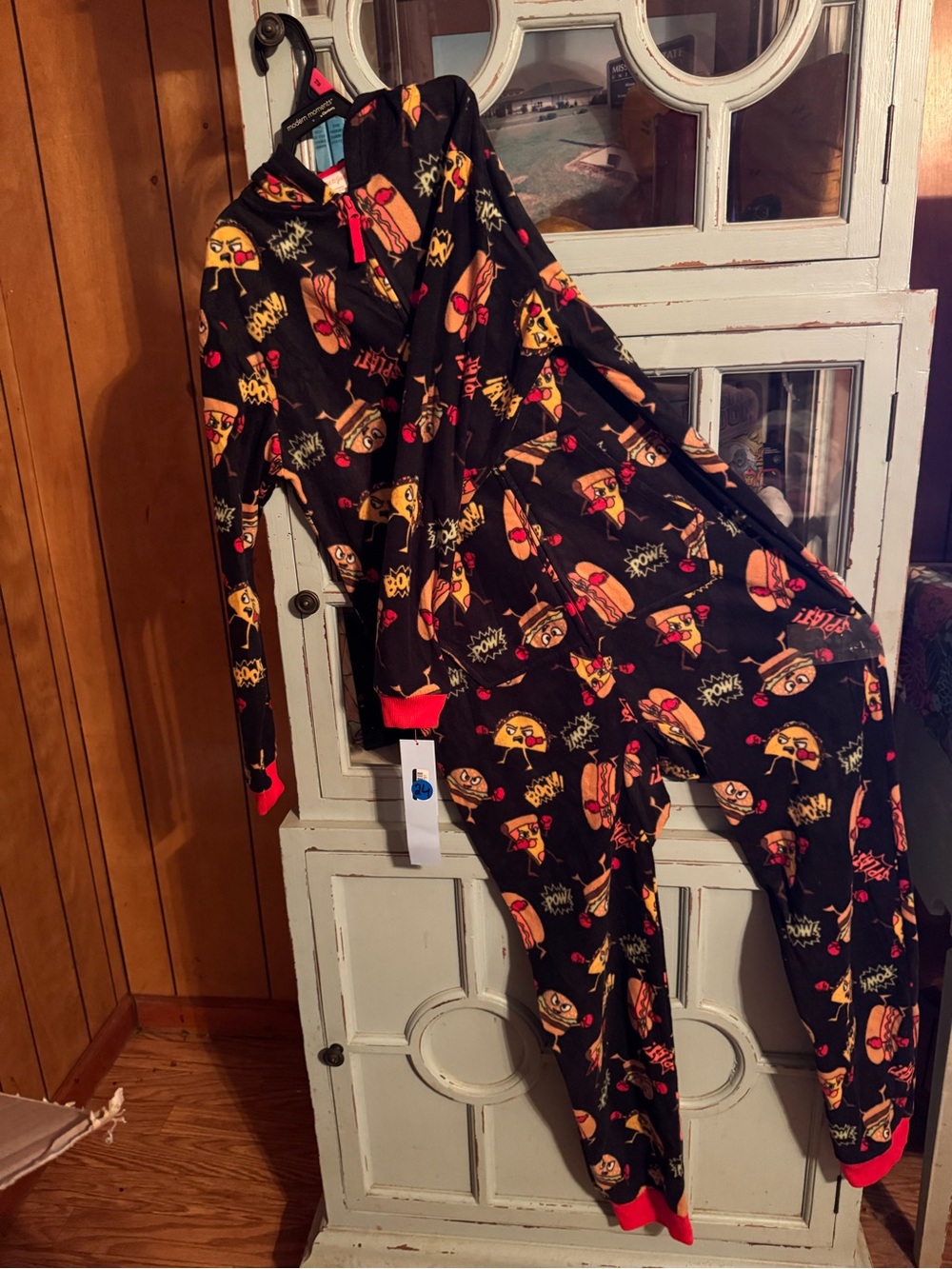 Kids Black Pizza & Emoji Print Fleece Onesie Pajamas Size XL 14 NWT B2